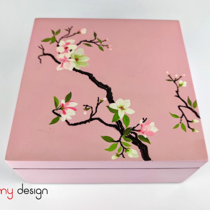 Pink square lacquer box hand-painted with plum flower  20*H8cm